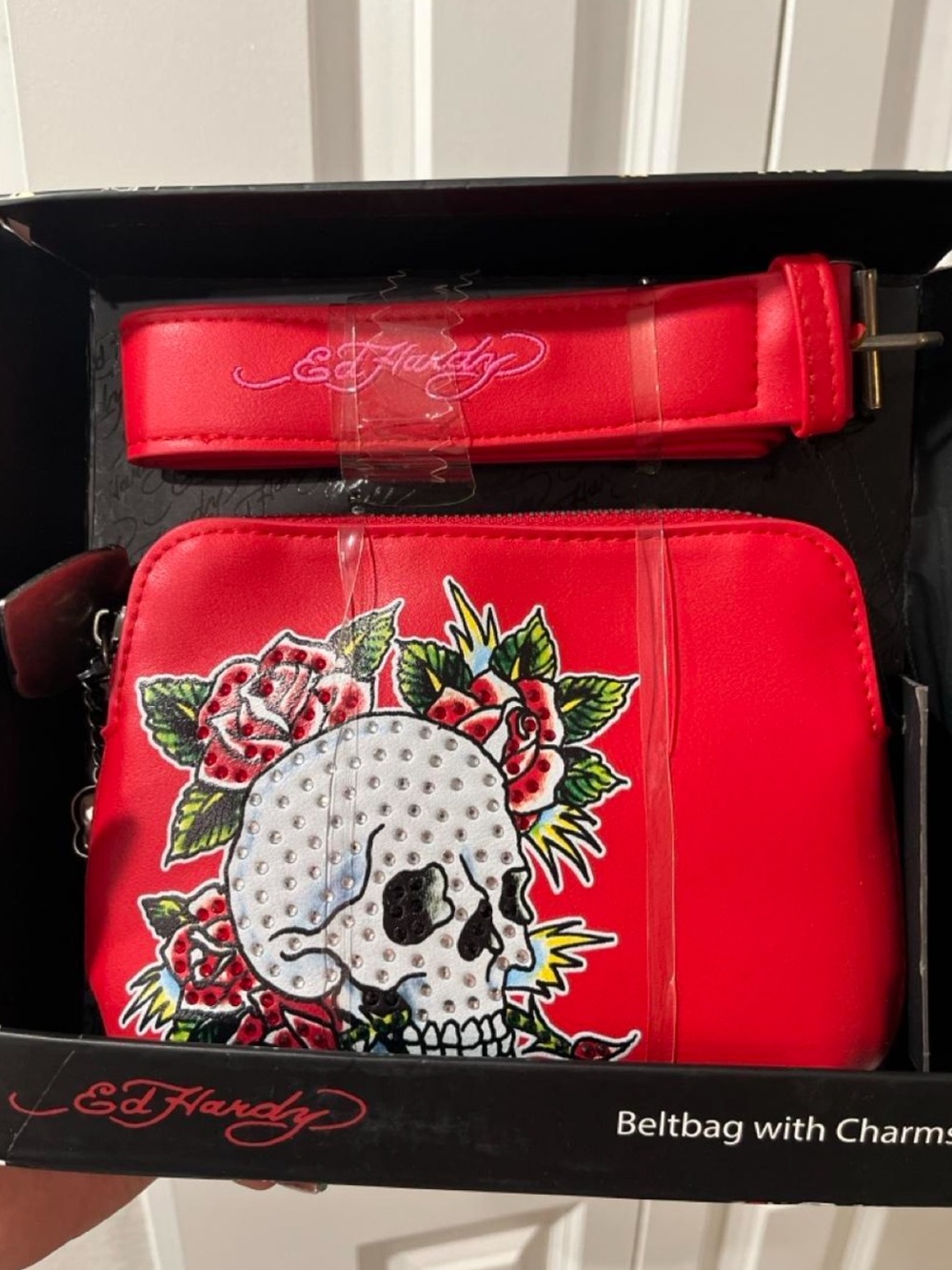 Ed Hardy Red Skull & Rose Crossbody Belt Bag with Studded Skull